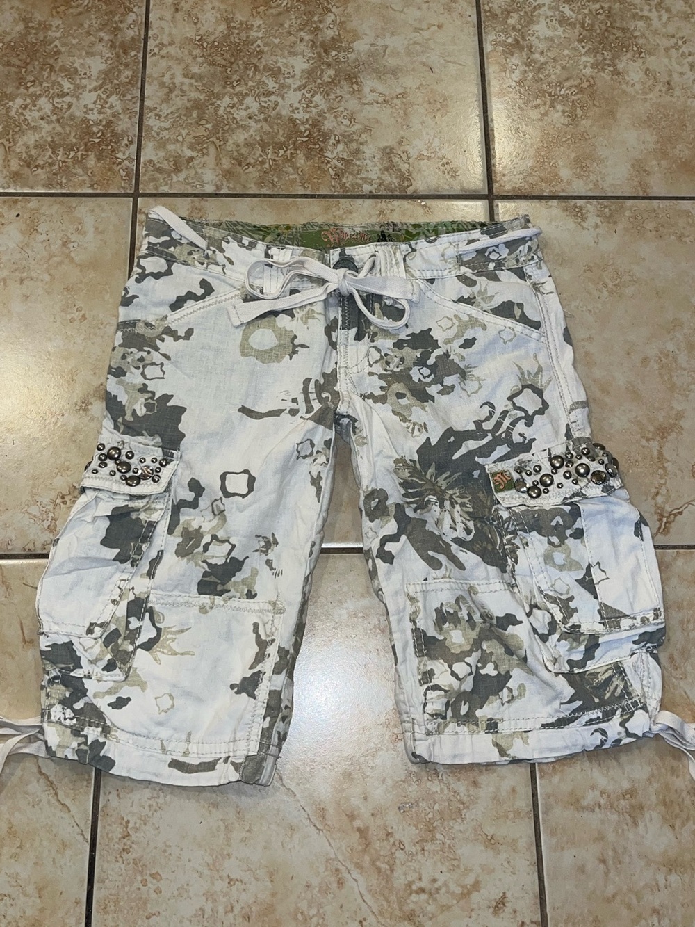 Miss Me White and Olive Camo Cargo Shorts with Drawstring